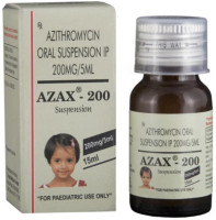 A box and a glass bottle of Azithromycin (200mg/5ml) Suspension along with the solvent