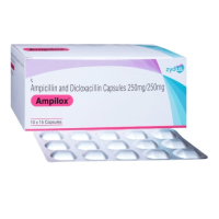 A box and a strip of Ampicillin (250mg) + Dicloxacillin (250mg) Capsules
