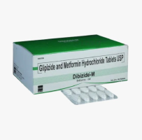 A box and a strip of Glipizide (5mg) + Metformin (500mg) Tablet