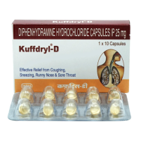 A box and strip of Diphenhydramine 25mg Capsules