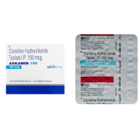 A pack and a strip of Clonidine 150mcg Tablets