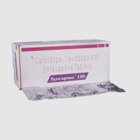A box and a strip of Generic Levodopa (100mg) + Carbidopa (25mg) + Entacapone (200mg) Tablet