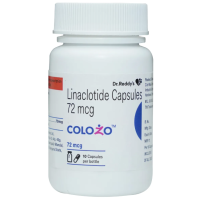 A bottle of Linaclotide (72mcg) Generic Capsule