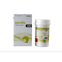 A box and a bottle of Salmeterol (50mcg) + Fluticasone Propionate (100mcg) Rotacap