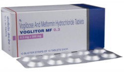 A box and a strip of Metformin (500mg) + Voglibose (0.3mg) Tablet