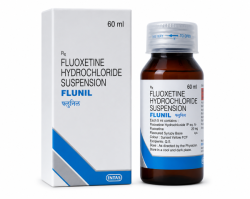 A box and a bottle of Generic Fluoxetine Hydrochloride (20mg/5mL) Solution