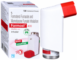 A box and a Generic Formoterol (6mcg) + Mometasone (400mcg) Inhaler