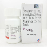 A box and a bottle of Generic Bictegravir (50mg) + Emtricitabine (200mg) + Tenofovir Alafenamide (25mg) Tablet