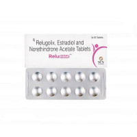 A pack and a strip of Relugolix (40mg) + Estradiol (1mg) + Norethindrone (0.5mg) Generic Tablet
