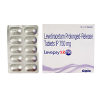 A pack and a strip of Levetiracetam (750mg) generic Tablet