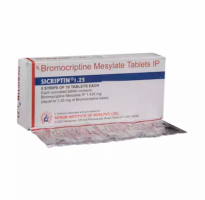 A box and a strip of generic Bromocriptine (1.25mg) Tab