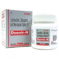 A box and a bottle of Lamivudine (150mg) + Zidovudine (300mg) + Nevirapine (200mg) Tab