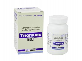 A box and a bottle of generic Lamivudine (150mg) + Stavudine (30mg) + Nevirapine (200mg) Tab