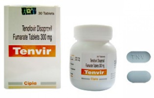 A box pack and a bottle of generic Tenofovir 300mg Tab