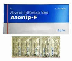 Box pack and a strip of Generic Atorvastatin 10 mg + Fenofibrate 145 mg Tab