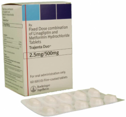 A pack and a strip of Metformin (500mg) + Linagliptin (2.5mg) Tablet