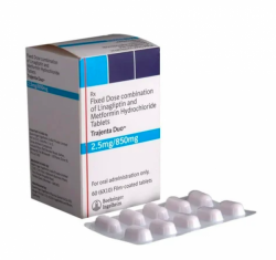 A pack and a strip of Metformin (850mg) + Linagliptin (2.5mg) Tablet