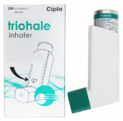 An inhaler and a box of Ciclesonide (200mcg) + Formoterol (6mcg) + Tiotropium (9mcg) Inhaler 200 doses