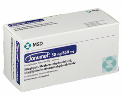 A box of Sitagliptin phosphate 50 mg, metformin hydrochloride 850 mg Tablet