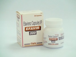 A box and a bottle of generic Efavirenz 200 mg Capsule