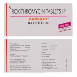 Front and backside of a box pack of Roxithromycin 150 mg Tablet