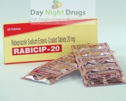 A box and two strips of generic Rabeprazole Sodium 20mg tablets