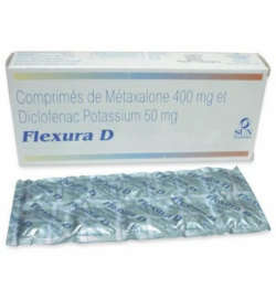 A box and a strip of Diclofenac (50mg) + Metaxalone (400mg) Tablets