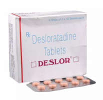 A box and a strip of Desloratadine 5mg Tab