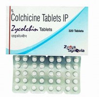 A box and a strip of Colchicine 0.5 mg Tab