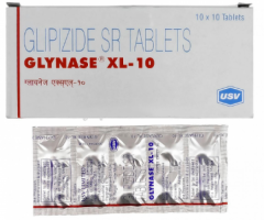 A box and a strip of Glipizide 10mg Tab