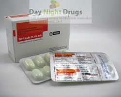 Box and two blister strips of generic Hyzaar 100/25mg Tablets - Losartan Potassium / Hydrochlorothiazide
