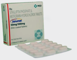 A box and a blister of Sitagliptin (50mg) + Metformin (500mg) Tab