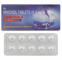 A box of Minoxidil 5mg tablets and a strip