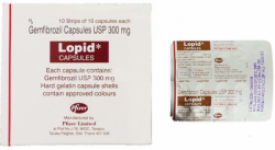 A box and a strip of Gemfibrozil 300mg Caps