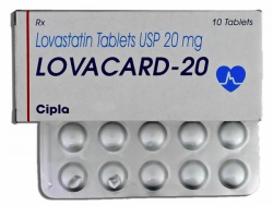 A box and a strip of Lovastatin 20mg Tab