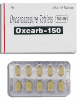 Box and a blister of Generic Trileptal 150 mg Tab - Oxcarbazepine 