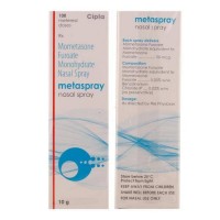Front and back side of a box of Mometasone Nasal Spray 50 mcg-  100 Doses