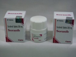 Two boxes and a bottle of Sorafenib 200mg Tab