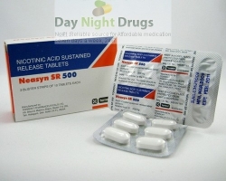 Box and a two strips of generic Niacin (nicotinic acid) 500mg SR tablet