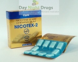 A box pack and two blister strips of generic Nicorette Gum Fresh Mint