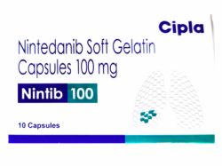 A box of Nintedanib 100mg Caps