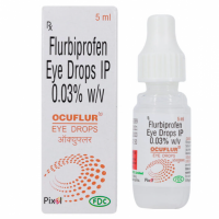 An eye dropper and a box of Flurbiprofen Eye Drop - 5ml