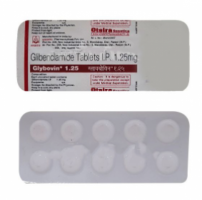 Two blister pack with front and back side of Glibenclamide 1.25mg Tab