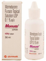 A box and a bottle of Generic Elocon 0.1 % Lotion 30ml - Mometasone