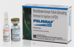 A box and a vial of generic Recombinant Human follicle stimulating hormone 150IU Injection (R-HFSH)