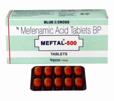 A box and a strip of Mefenamic Acid 500 mg Tablets