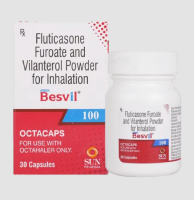 A box and a bottle of Fluticasone Furoate (100mcg) + Vilanterol (25mcg)  Octacaps with Octahaler Device