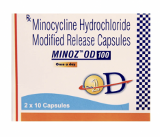 A box of Minocycline 100mg Capsules