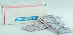 A box and two strips of Levodopa (200mg) + Carbidopa (50mg) tab