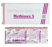 A box and a strip of Methimazole 5 mg Tab